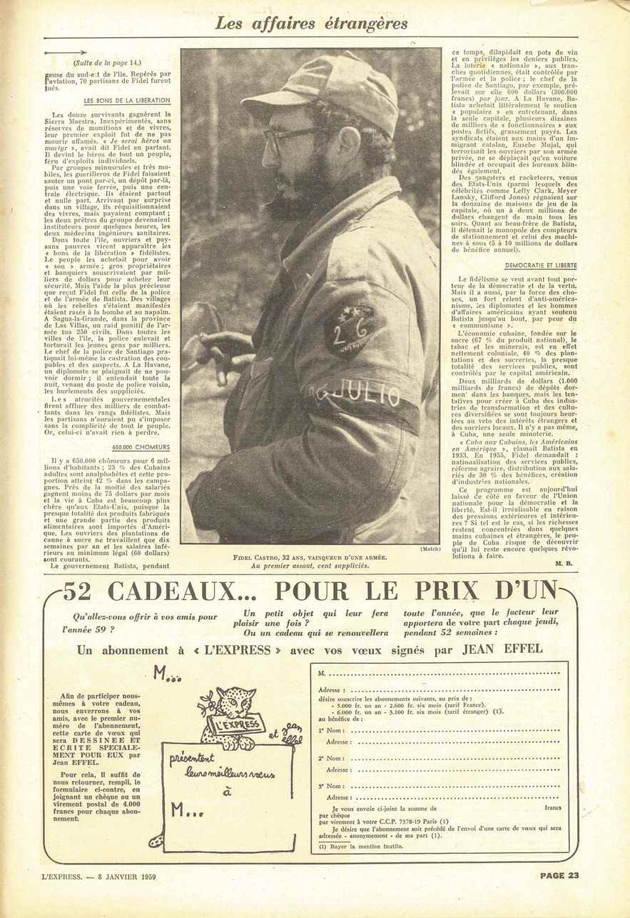 Article from January 8, 1959 on the coming to power of Fidel Castro in Cuba