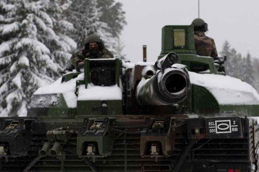 A French Leclerc tank taking part in a military exercise in Estonia on February 5, 2022, as part of the strengthening of NATO's presence in Poland and the Baltic countries
